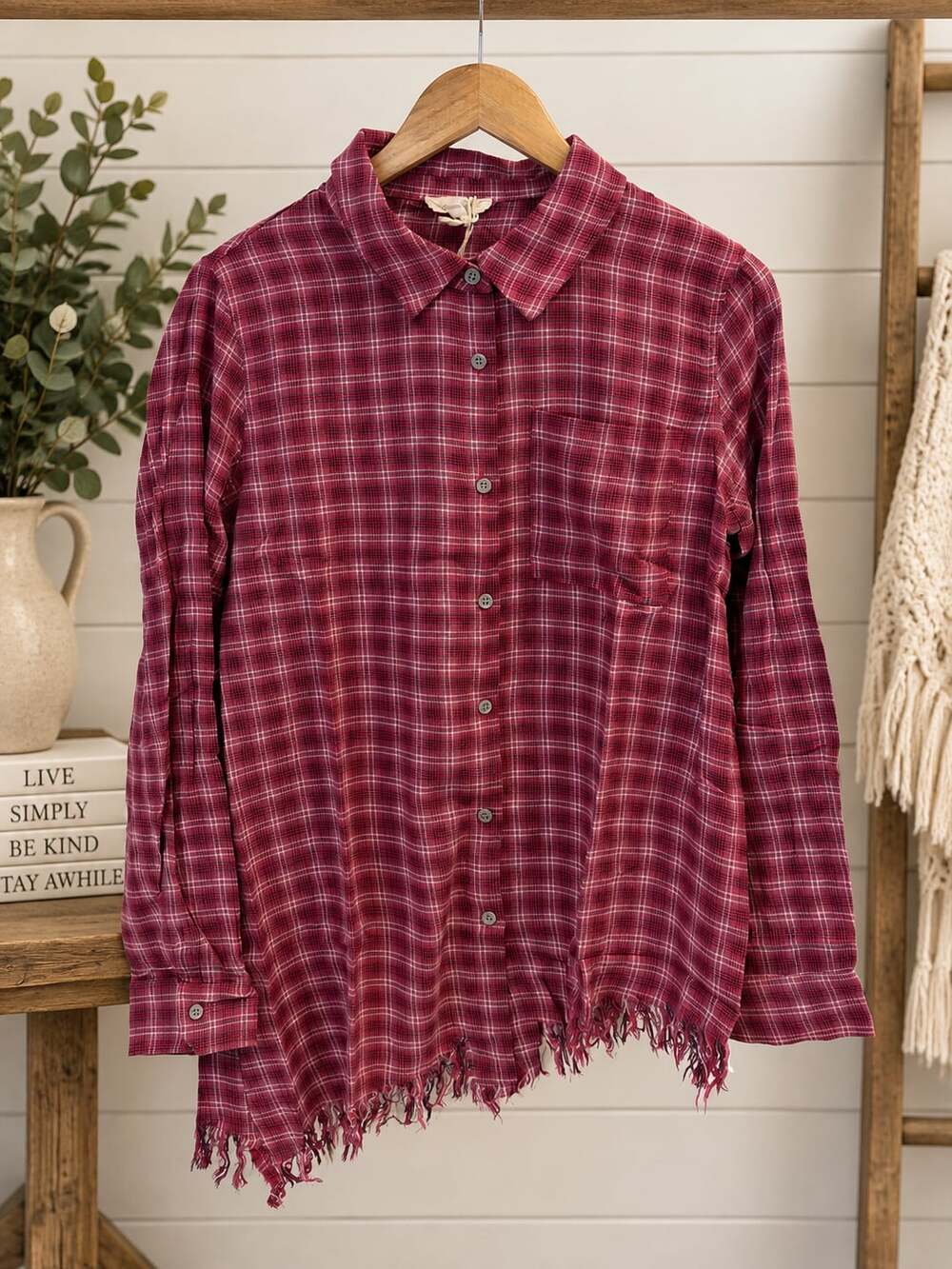 NWT Mystree Plaid Button Down Shirt red Plaid Fringe Hem Sz S M L